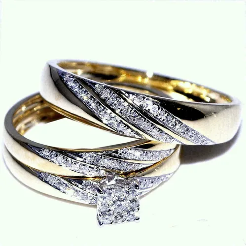 Miniatura 2 de Ssjewel - Juego de anillos de compromiso de boda con diamantes para él y ella, acabado de oro amarillo de 14 quilates, hecho a mano, apilable, a