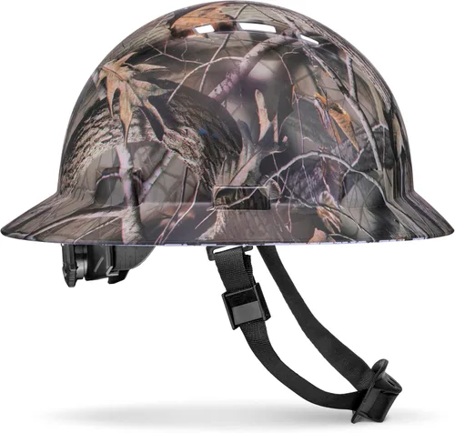 Miniatura 10 de Casco de construcción OSHA de ala completa con diseño camuflaje ventilado de acabado mate, suspensión de 6 puntos