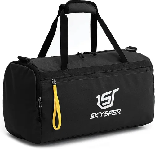 SKYSPER Bolsa deportiva pequeña de 30L con bolsillo húmedo para deportes, viajes, fitness y entrenamiento para hombres y mujeres (negro)
