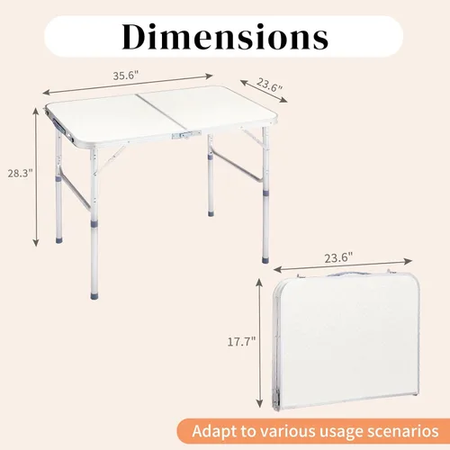 Miniatura 3 de Mesa plegable de aluminio, mesa de campamento multiusos para picnic, mesa rectangular portátil y ajustable, color blanco