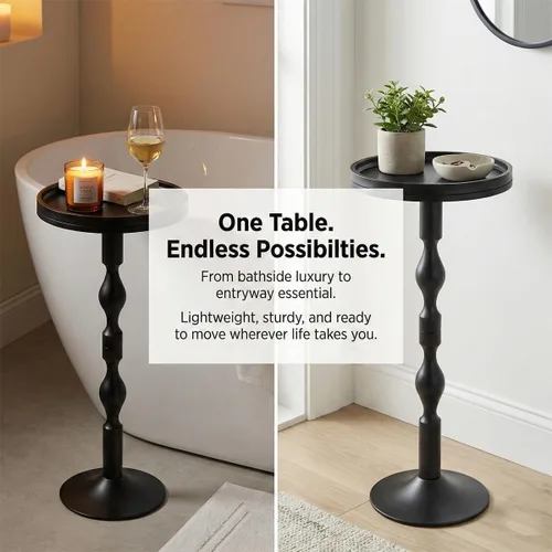 Miniatura 7 de Mesa redonda pequeña para bebidas, mesas de pedestal, mesa auxiliar redonda pequeña para espacios estrechos, mesa auxiliar para sala de estar, Negro