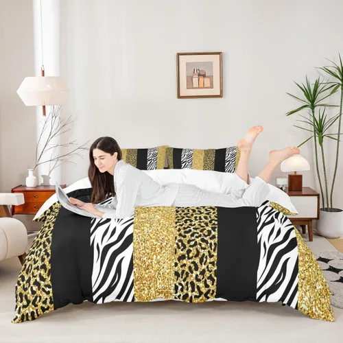 Miniatura 11 de Juego de funda de edredón para niños, tamaño individual, diseño de cebra y leopardo con purpurina, decoración de habitación para niñas y mujeres