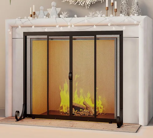 Miniatura 2 de Fire Beauty Pantalla para chimenea, malla de hierro forjado, protector de chispas seguro para bebés con 2 puertas grandes pantallas planas