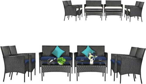 Tangkula Juego de muebles de patio de 8 piezas, juego de conversación de mimbre para exteriores con mesa de vidrio templado, juego de sofá y sillas