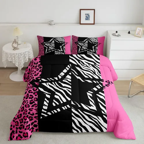 Miniatura 35 de Juego de edredón Manfei Leopardo Rosa Tamaño Individual, Juego de ropa de cama con estampado de cebra negro y blanco 2 piezas para decoración
