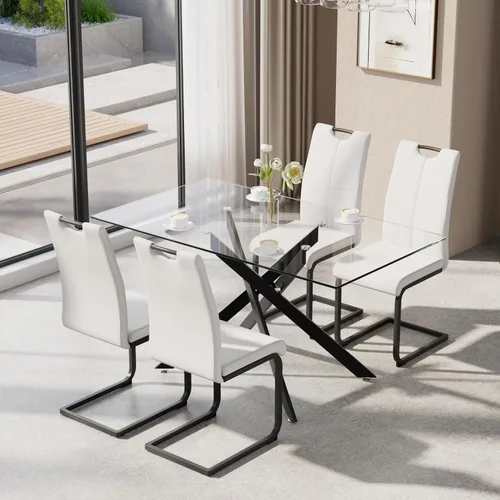 Miniatura 15 de Juego de mesa de comedor de 5 piezas para 4, mesa rectangular moderna de cristal con 4 sillas tapizadas de cuero, juegos de mesa y sillas de comedor