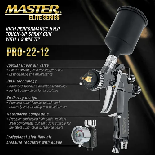 Miniatura 2 de Master Elite Performance PRO-22 HVLP Pistola de pulverización de pintura a aire con punta de 0.039 pulgadas, taza de 150ml, manómetro de presión