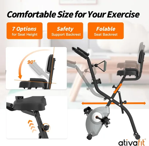Miniatura 6 de ATIVAFIT Bicicleta de ejercicio plegable fitness para interiores, bicicleta de ciclismo magnética 3 en 1 vertical y reclinada con bandas de Negro