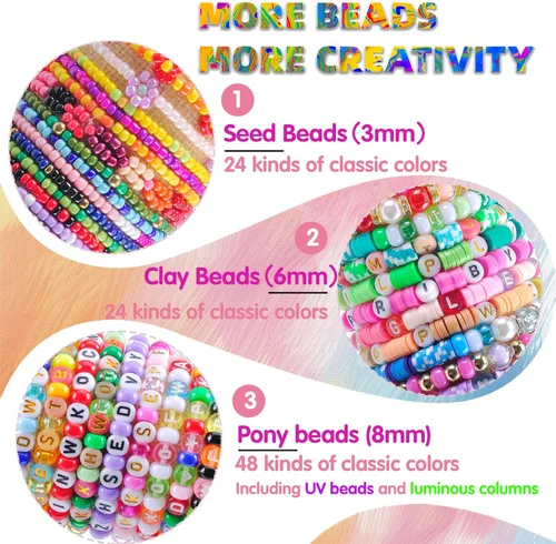 Miniatura 3 de SJZWSD Kit para Hacer Pulseras de la Amistad – 6 Cajas de Cuentas Pony, de Semilla, de Arcilla y de Letras, Cuentas UV que Brillan en la Oscuridad