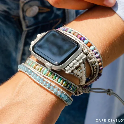 Miniatura 5 de Cape Diablo Correa de reloj inteligente con protección de jaspe oceánico, curación, antiansiedad, piedra de chakra del corazón, pulsera de reloj
