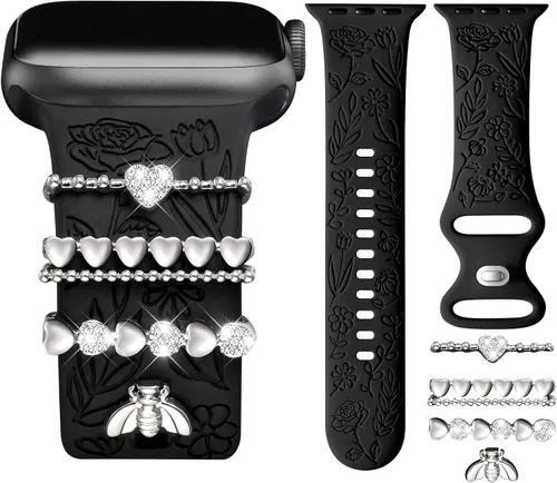 Miniatura 11 de DaQin Banda con Flor Grabada Compatible con Apple Watch, Bandas de 44mm, 42mm, 45mm, 46mm para Mujeres, Correa de Silicona Suave con Decoración