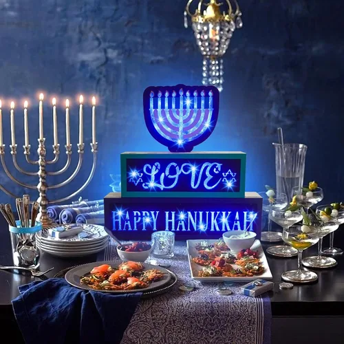 Miniatura 5 de Decoraciones iluminadas de Hanukkah, letrero de madera con 81 luces LED, funciona con pilas, letrero de puerta de menorá para centro de mesa