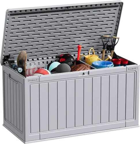 Miniatura 14 de Patiowell Caja de resina de 100 galones con cojín, caja de almacenamiento impermeable grande para exteriores para muebles de patio y herramientas