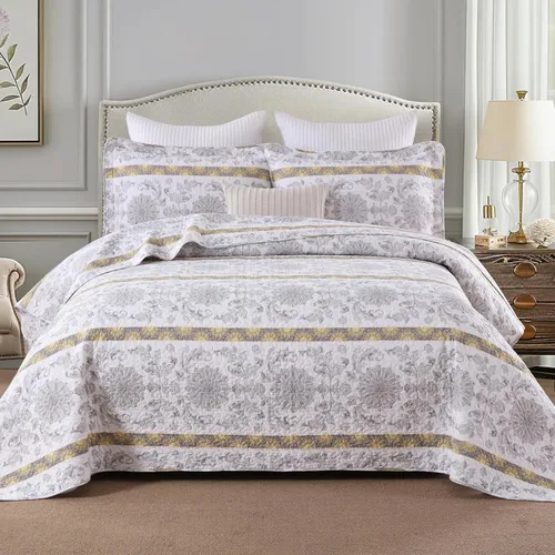 Homzard - Juego de edredón de algodón tamaño King, a rayas, color gris, amarillo y blanco, ropa de cama ligera con dos fundas de almohada 05-2