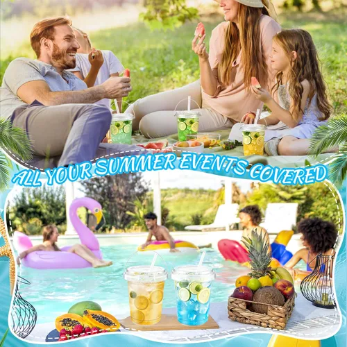 Miniatura 6 de 30 juegos de cubos de bebida de 34 onzas con tapas y pajitas, vasos desechables de plástico transparente con asas para ron, café helado, batidos