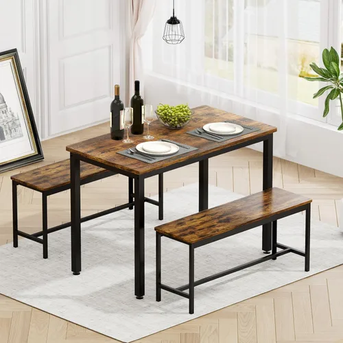 Miniatura 10 de Rovibek Juego de mesa de comedor para 4, mesa de cocina moderna que ahorra espacio con 2 bancos tapizados y pies ajustables, mesa de desayuno