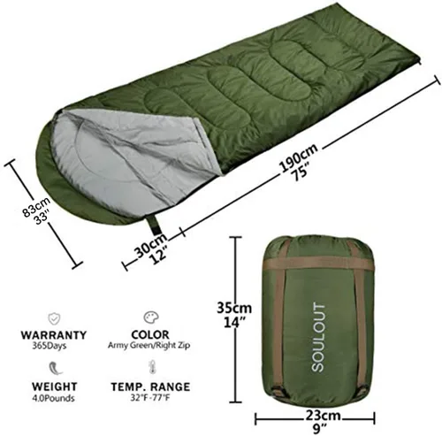 Miniatura 2 de Saco de dormir de 3 a 4 estaciones para adultos y niños, bolsa de camping ligera y cálida para clima frío con saco de compresión impermeable - Verde