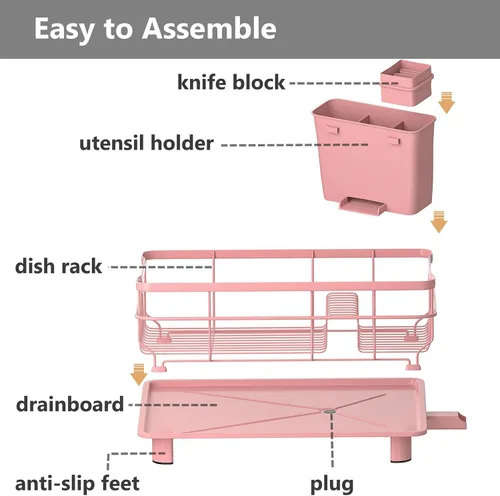 Miniatura 6 de AIDERLY Escurridor de platos de hierro, escurridor de platos de drenaje automático, colador de encimera de cocina con bandeja de drenaje, rosa