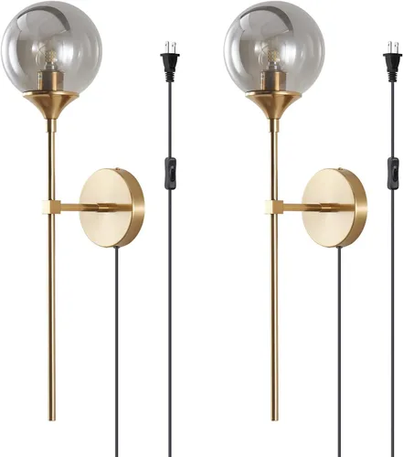 Miniatura 10 de KCO Lighting Mid-Century - Juego de 2 apliques de pared con cable de cristal dorado, lámparas de pared modernas industriales de brazo largo
