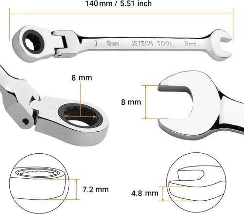 Miniatura 2 de Jetech Llave de trinquete de cabezal flexible de 8 mm, acero Cr-V de grado industrial, 12 puntos, diseño desviado de la esquina, trinquete de 72