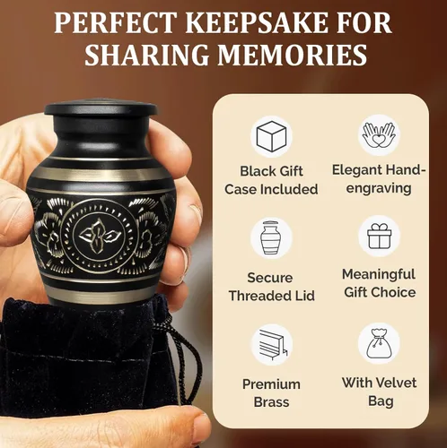 Miniatura 3 de Urnas pequeñas para cenizas humanas, recuerdo funerario grabado a mano de latón con elegante acabado negro, mini conmemorativo de cremación