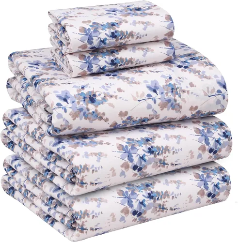 Miniatura 77 de Ruvanti - Juego de sábanas de 100 % algodón, juego de 4 piezas de cama, diseño floral, color azul, ropa de cama tamaño King, tela suave, Phulkari