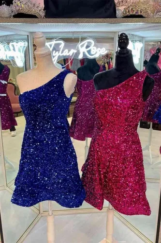 Miniatura 4 de Vestidos cortos de lentejuelas para fiesta de exalumnos, vestidos cortos brillantes de un hombro para adolescentes, vestido de baile acampanado