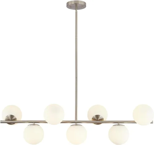 Miniatura 15 de KCO Iluminación Moderna Candelabro Colgante Lineal de Latón con 7 Luces de Cristal Dorado y Blanco, Iluminación Colgante Globo de Mediados de Siglo
