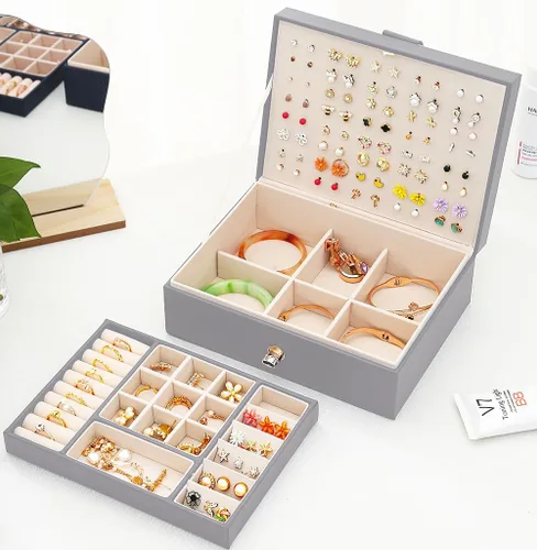 Miniatura 47 de Joyero de pendientes para mujeres y niñas, organizador de aretes de 5 capas, caja organizadora de joyas blanca con candado, collares y aretes