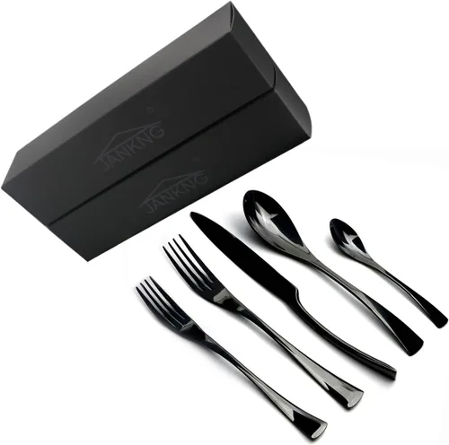 Miniatura 8 de Juego de cubiertos de acero inoxidable 18/10, cubiertos negros de lujo, servicio de cena, tenedor de postre, cuchara de té, cuchillo, para el hogar