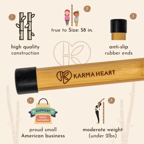 Miniatura 5 de Palo de Yoga de Bambú Natural (5 pies): Barra de Estiramiento con Extremos de Goma Súper Resistentes - Palo de Ejercicio Versátil y Barra de Yoga