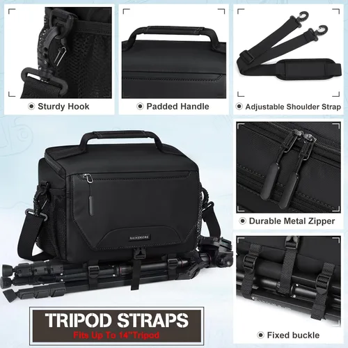 Miniatura 6 de RAINSMORE Bolsa para cámara, pequeña, de bandolera, para cámara DSLR/SLR/sin espejo, bolsa de hombro impermeable con soporte para trípode y cubierta