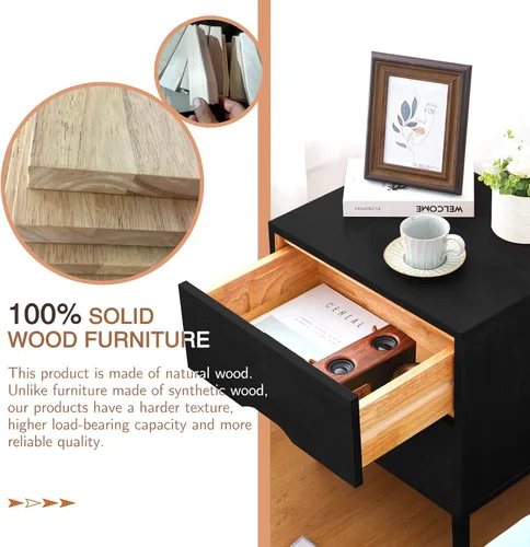 Miniatura 8 de Mesita de noche de madera con mango ranurado moderno de mediados de siglo, cajón de almacenamiento y estante, mesa auxiliar de noche, 2 cajones Negro