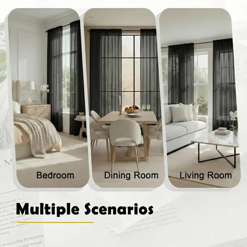 Miniatura 9 de LIVEKID Cortinas traslúcidas negras de cocina de 36 pulgadas de largo, cortinas cortas filtrantes de luz, 2 paneles de gasa aireada, texturizadas
