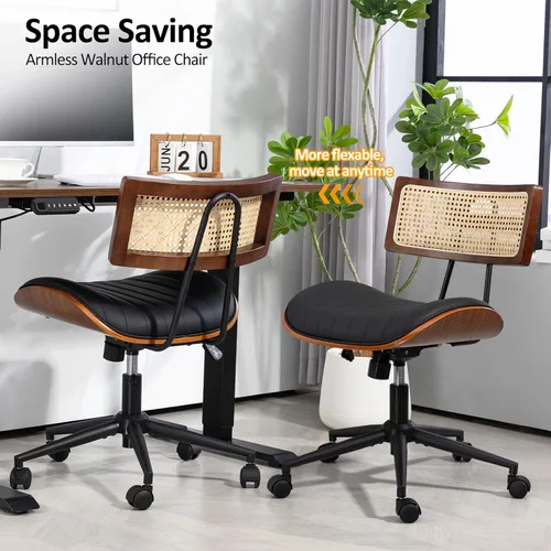 Miniatura 6 de Silla de oficina para el hogar Newnno con ruedas, silla de escritorio de altura ajustable con respaldo de ratán, silla de ordenador giratoria