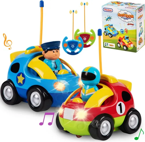 Paquete Prextex de 2 coches a radio control de dibujos animados de policía y de carreras. Juguetes a radio control para niños, cada uno con