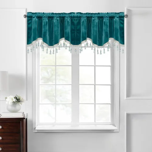 Miniatura 27 de StangH Cortinas decorativas de lujo, cenefa azul con bloqueo de luz, cenefa festoneada para ventana pequeña con bolsillo sólido para barra, cortina