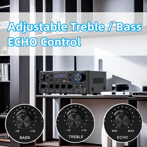 Miniatura 6 de Amplificador de audio 800W, amplificador estéreo para el hogar con 2 canales, RMS 60Wx2, Bluetooth 5.0, mini amplificador HiFi con eco, micrófono