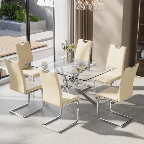 Miniatura 11 de Juego de mesa de comedor de 5 piezas para 4, mesa rectangular moderna de cristal con 4 sillas tapizadas de cuero, juegos de mesa y sillas de comedor