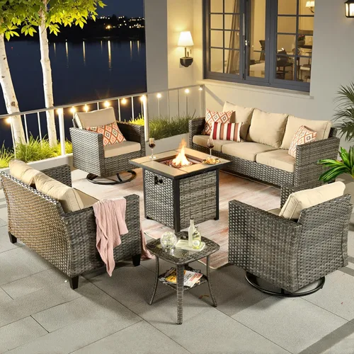 ovios Juego de muebles de patio de 6 piezas con mesa cuadrada para hoguera, sillas mecedoras giratorias, sofá biplaza, juego de conversación de Beige