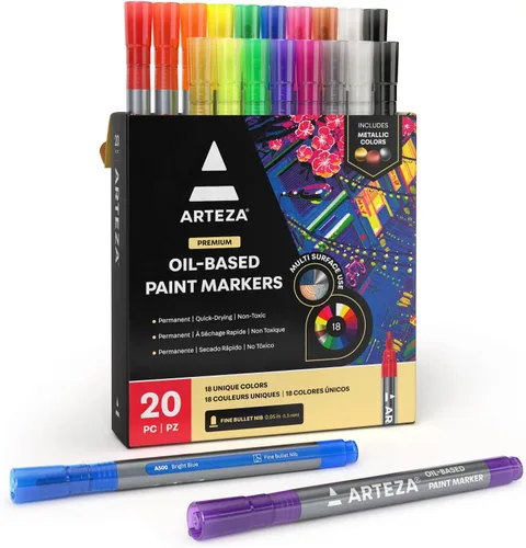 Arteza Marcadores de pintura a base de aceite, paquete de 20, 18 colores únicos, línea de 0.051 in, barril pequeño, pintura de calabaza de