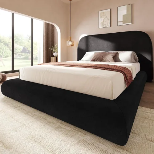 Miniatura 15 de YITAHOME Base de cama tamaño Queen, plataforma tapizada de terciopelo con cabecero, cama de nube suave con estribo, esquinas redondeadas, fácil Negro