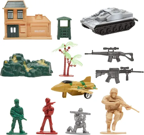 Miniatura 4 de BLUE PANDA Juego de 300 figuras de acción del ejército con bolsa con cremallera, soldados de plástico rojo, plateado, bronceado y verde con tanques