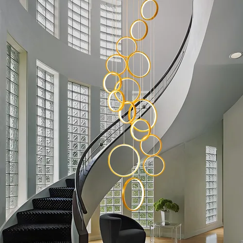Miniatura 10 de Candelabro moderno para entrada para techos altos, lámpara moderna regulable dorada para escalera, de lujo, techo alto, lámpara colgante LED
