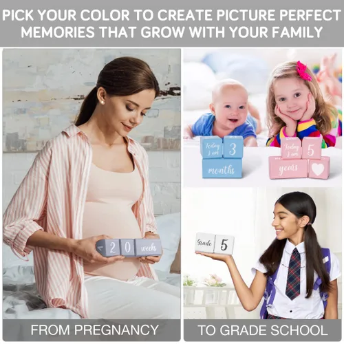 Miniatura 3 de Bloques de hitos mensuales de bebé rosa con bolsa. Bloques de edad para bebé para niña o niño, accesorios para fotos de bebé y baby shower. Bloques