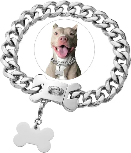 Collar de Perro de Acero Inoxidable con Eslabones Cubanos Plateados de Servicio Pesado para Perros Pequeños, Medianos y Grandes, Collar de Perro