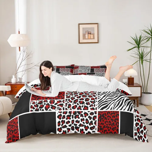 Miniatura 23 de Juego de funda de edredón con estampado de leopardo, tamaño individual, juego de ropa de cama rústica con rayas de piel de cebra, decoración