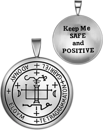 Collar con colgante de Arcángel Gabriel con oración Keep Me Safe and Positive Ancient King of Salomon Sigil Medalla milagrosa para hombres y
