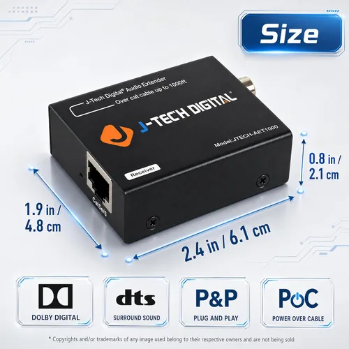 Miniatura 2 de J-Tech Digital Convertidor extensor de audio digital para audio óptico/coaxial a través de un solo cable Cat5e/6 (PoC) hasta 990' (984.3 ft)
