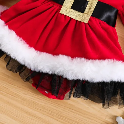Miniatura 6 de WASAIGOOD Mameluco de Navidad para bebé niña, vestido de manga larga con ribete de piel, traje de terciopelo para Navidad, enterizo de invierno